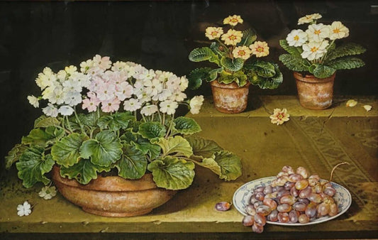 Jose Escofet, "Primroses and Grapes". Gouache, ca. 1980.