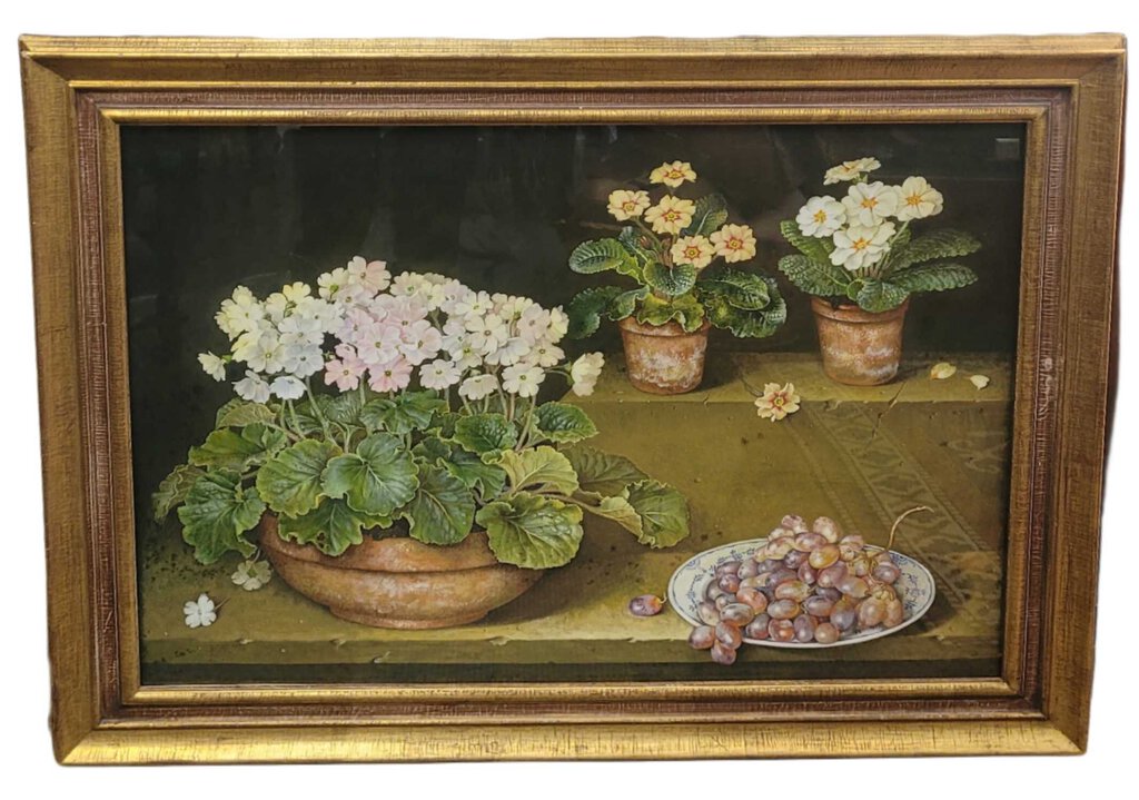 Jose Escofet, "Primroses and Grapes". Gouache, ca. 1980.