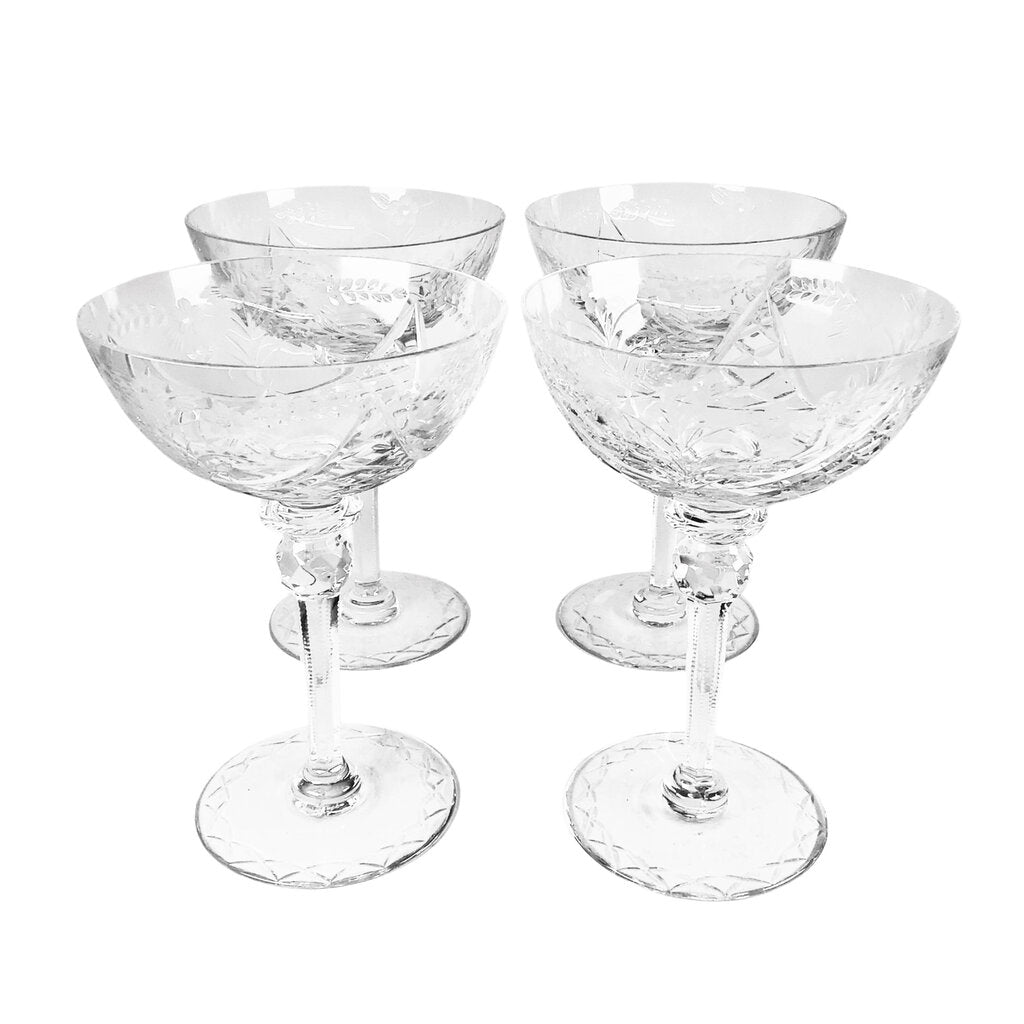 4 Cut & Etched Crystal Margarita Glasses