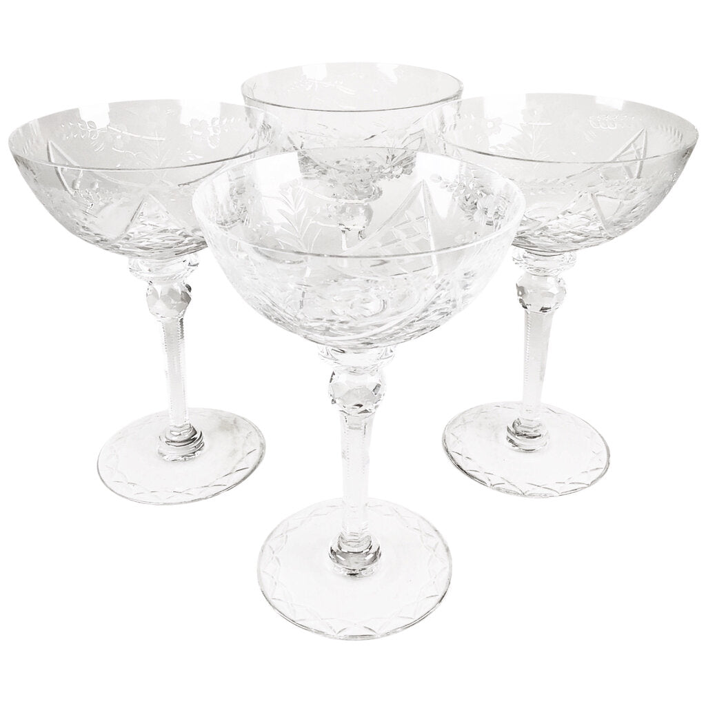 4 Cut & Etched Crystal Margarita Glasses