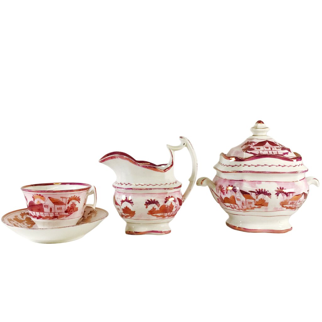 6pc. 19th c. Sunderland "Cottage" Pink Lustreware Tea Set