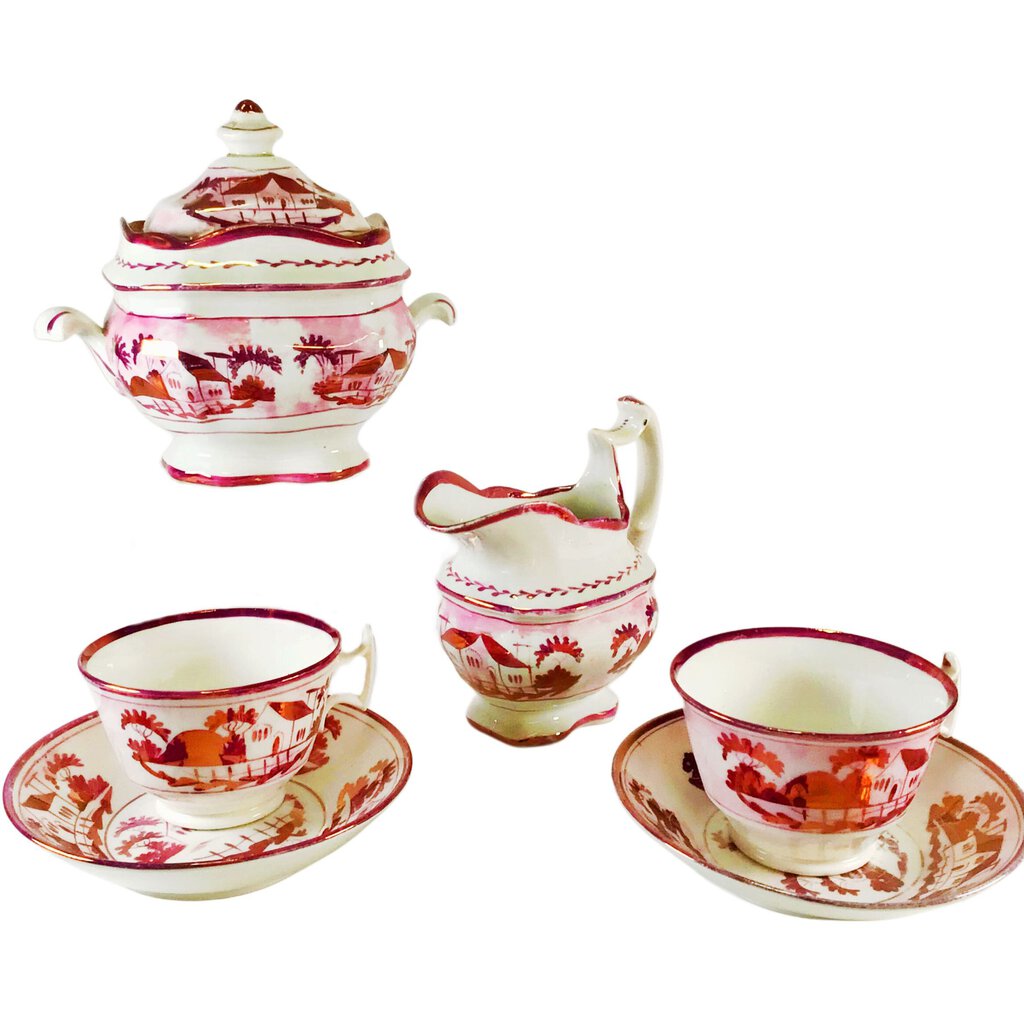 6pc. 19th c. Sunderland "Cottage" Pink Lustreware Tea Set