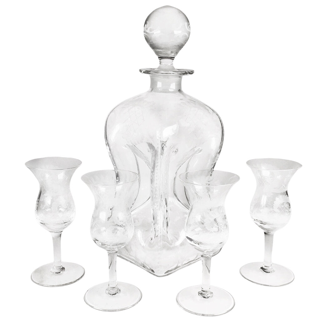 5pc. Danish Klukflaske 4-Column Blown Glass Decanter & 4 Cordials