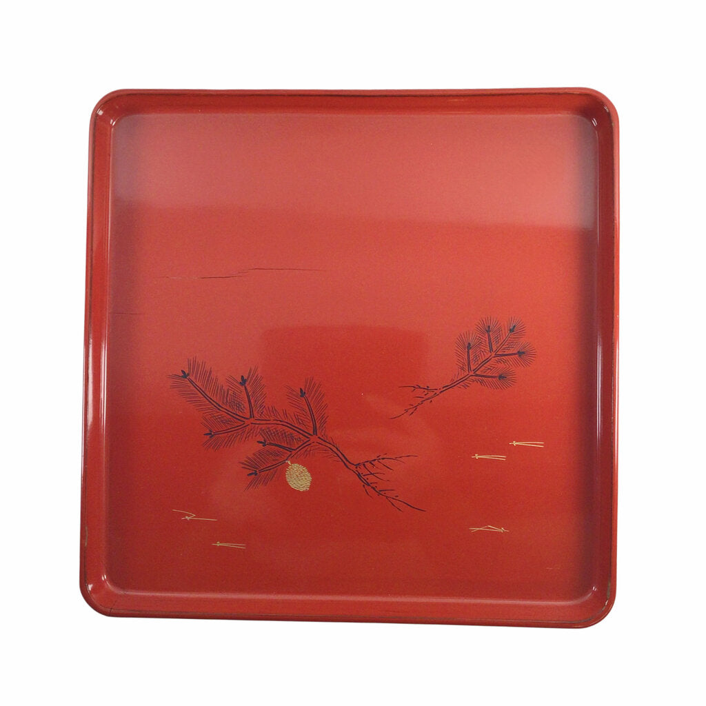 4 Japanese Red Lacquered Square Trays