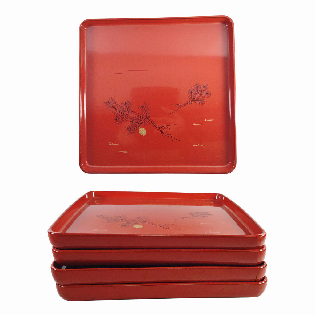 4 Japanese Red Lacquered Square Trays