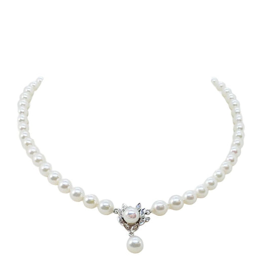 Pearl & Diamond Necklace w. Pearl Drop in 14Kt Gold