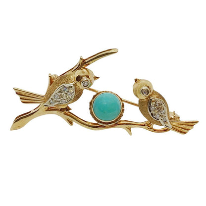 Figural Brooch Two Diamond Set Birds w. Turquoise Cabochon in 14Kt Gold