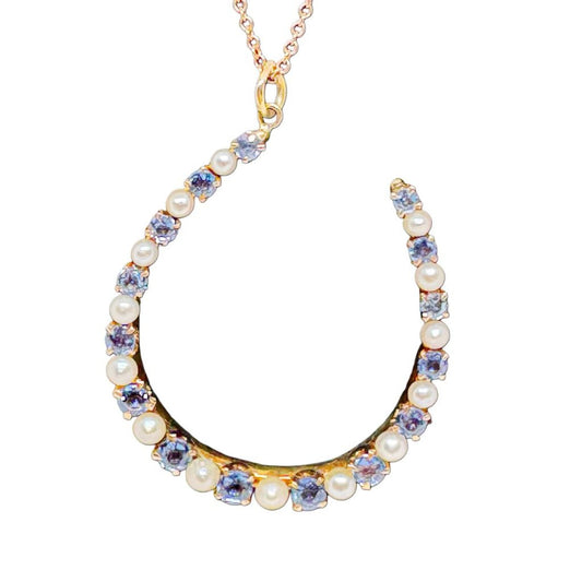 14Kt Rose Gold Horseshoe Pendant with Sapphires and Pearls