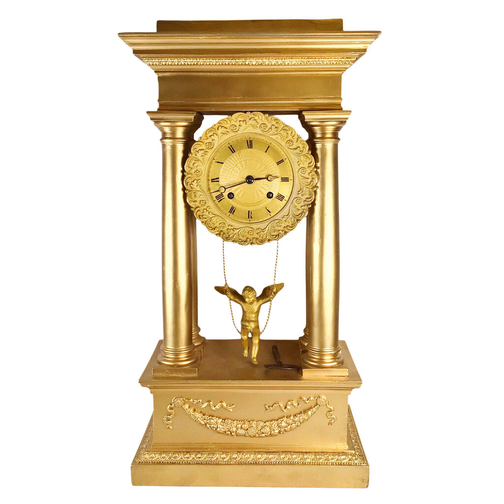 French Empire-Style Portico Clock w/Cupid Pendulum