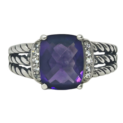 David Yurman Sterling Checkerboard Cut Amethyst & Diamond Ring