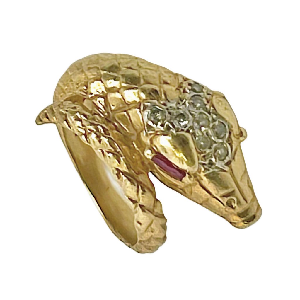 Vintage 14K Gold Snake Ring w. Pave Diamond Head & Ruby Eyes