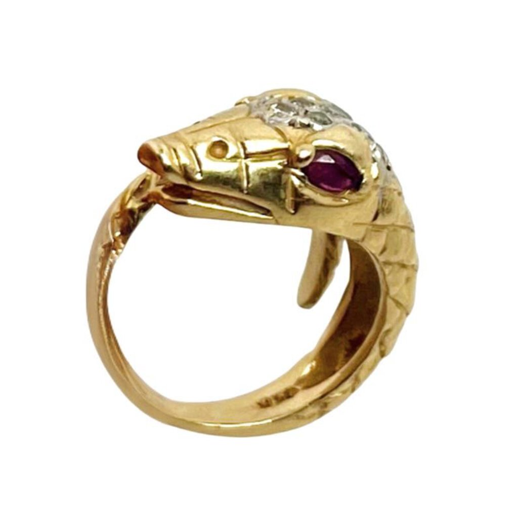 Vintage 14K Gold Snake Ring w. Pave Diamond Head & Ruby Eyes