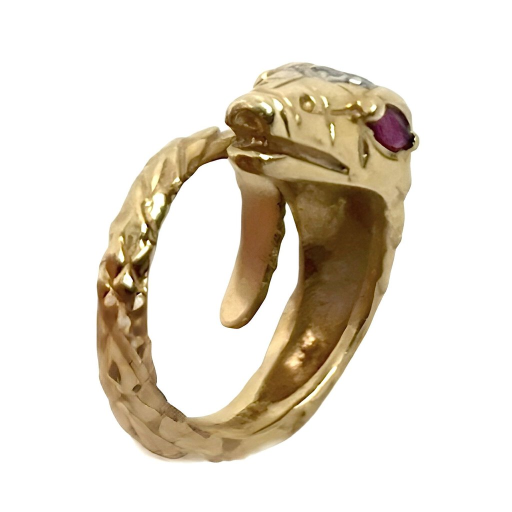 Vintage 14K Gold Snake Ring w. Pave Diamond Head & Ruby Eyes