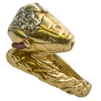 Vintage 14K Gold Snake Ring w. Pave Diamond Head & Ruby Eyes