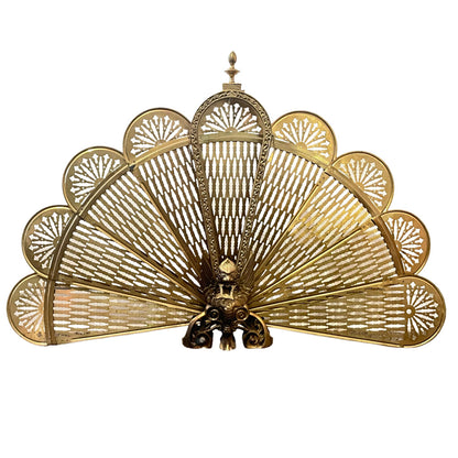 Antique French Peacock Folding Brass Fan Fire Screen 1890s