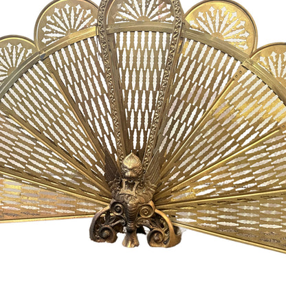 Antique French Peacock Folding Brass Fan Fire Screen 1890s