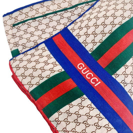 Gucci Brown GG Monogram Blue-Green-Red Striped Scarf