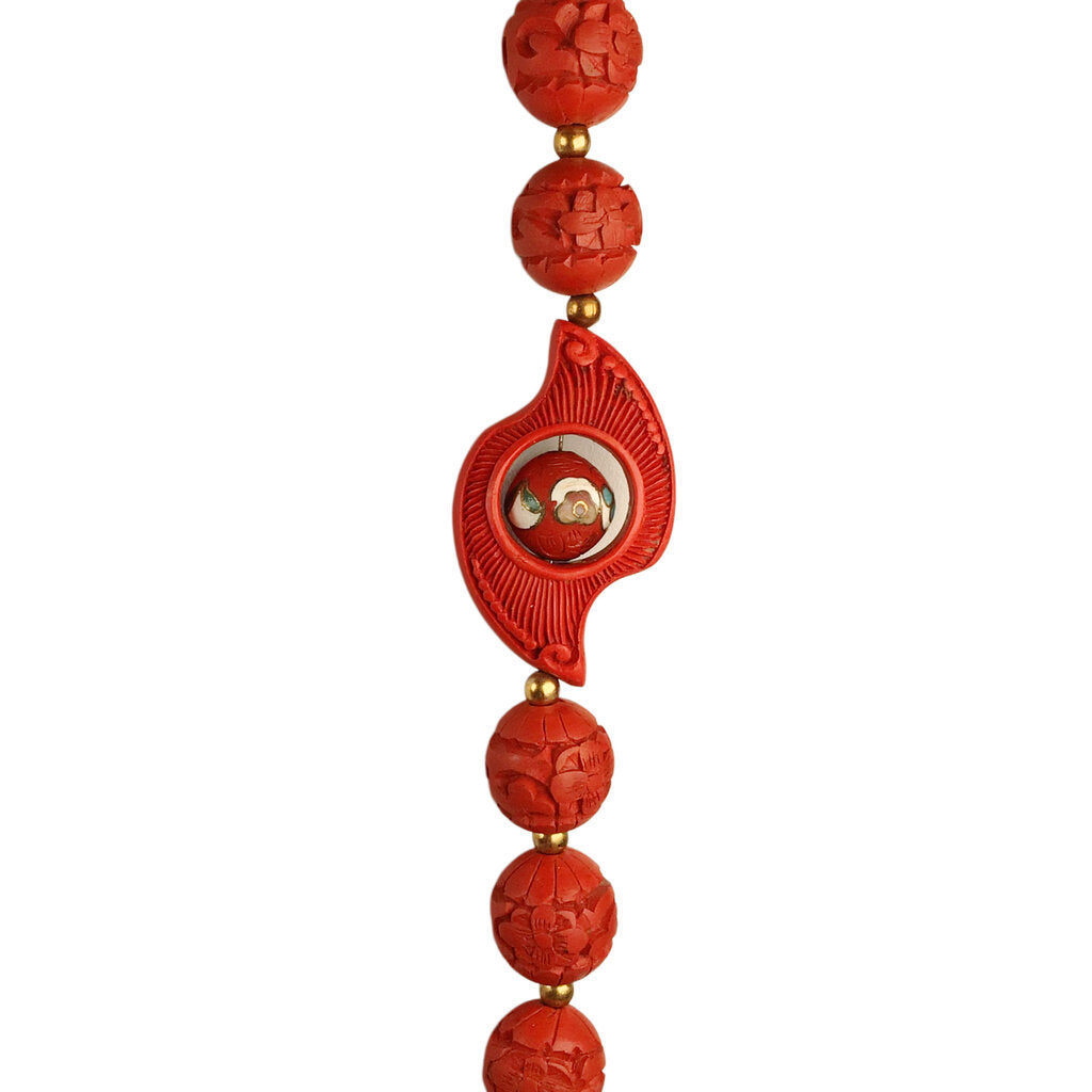 Chinese 20th Red Cinnabar Carved Beaded Necklace