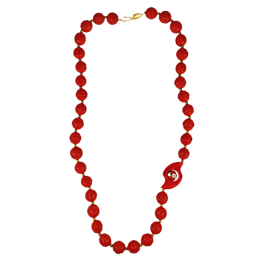 Chinese 20th Red Cinnabar Carved Beaded Necklace