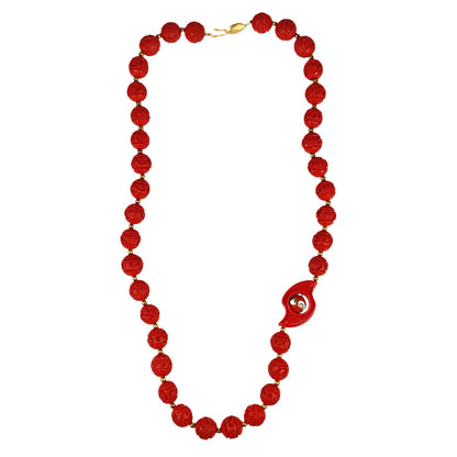 Chinese 20th Red Cinnabar Carved Beaded Necklace