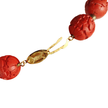 Chinese 20th Red Cinnabar Carved Beaded Necklace