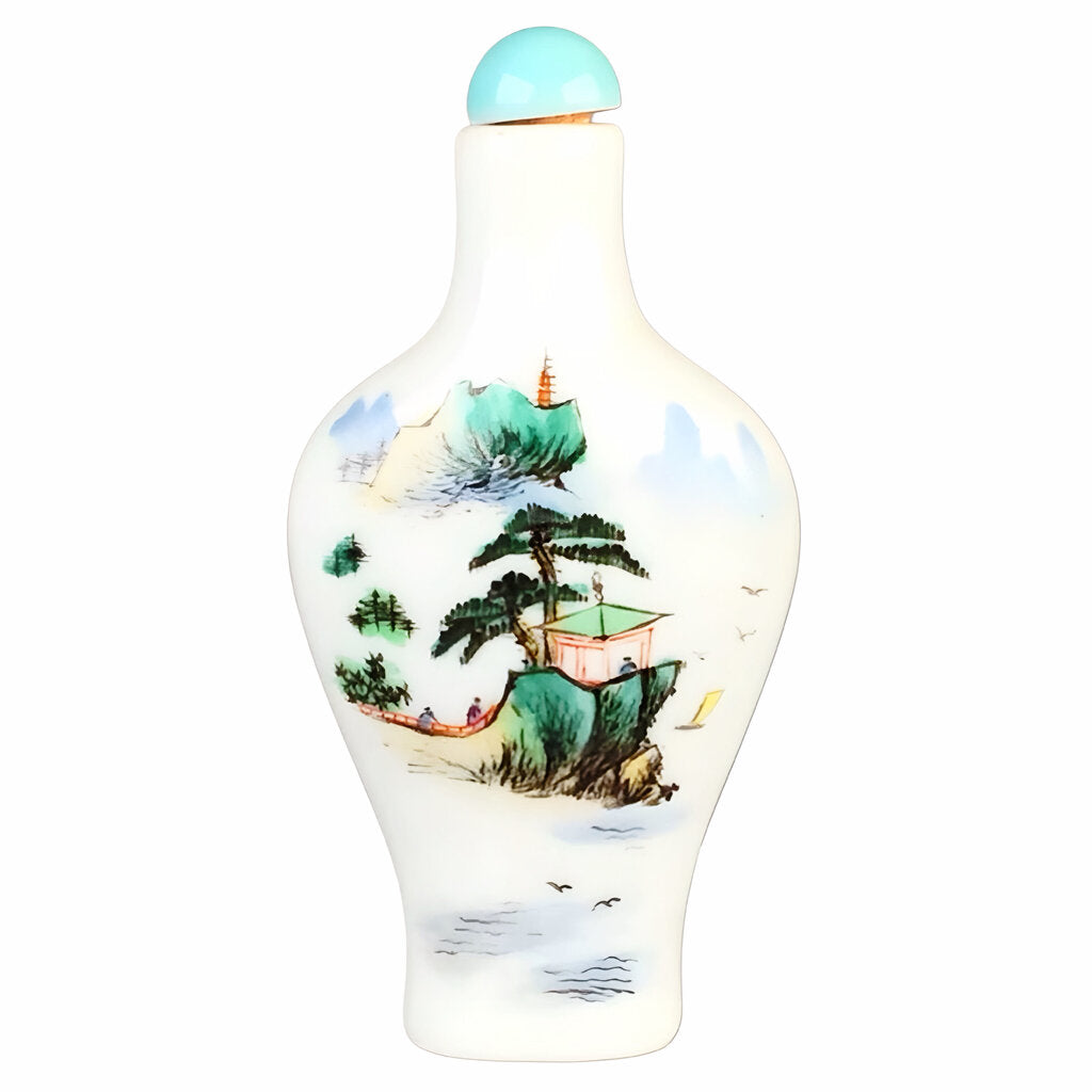 Famille Rose Porcelain Snuff Bottle w/ Painted Landscape