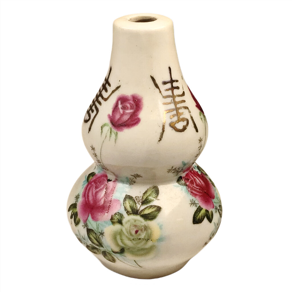 Gourd Shaped Famille Rose Snuff Bottle w/ Painted Flowers & Longevity Characters