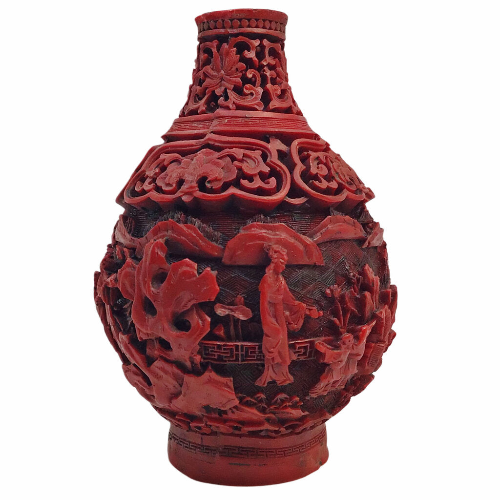 Antique Chinese Red Cinnabar Carved Snuff Bottle w/ Figurines on a Landscape