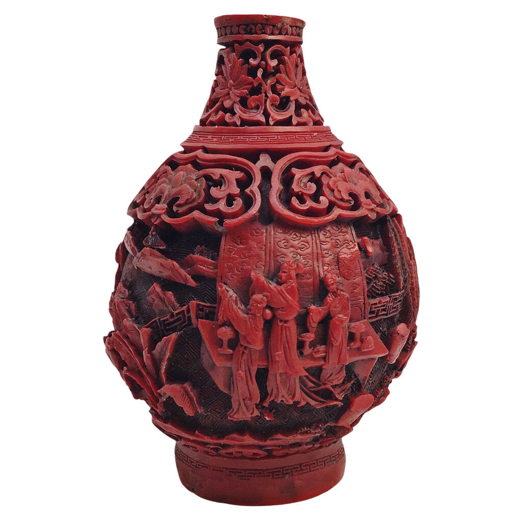 Antique Chinese Red Cinnabar Carved Snuff Bottle w/ Figurines on a Landscape