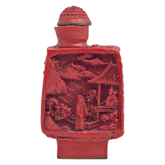 Antique 20th C. Cinnabar Snuff Bottle w/ Carved Scholars in a Garden