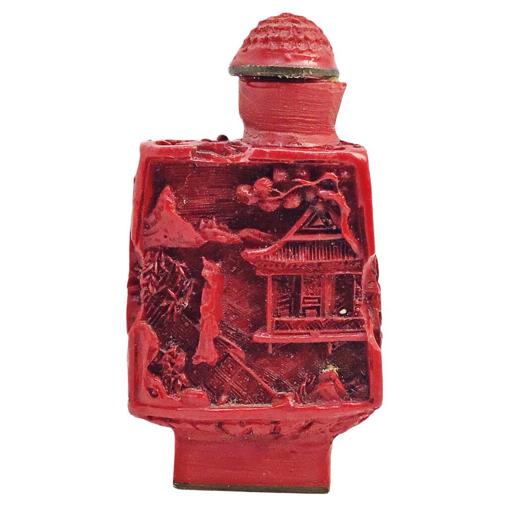 Antique 20th C. Cinnabar Snuff Bottle w/ Carved Scholars in a Garden