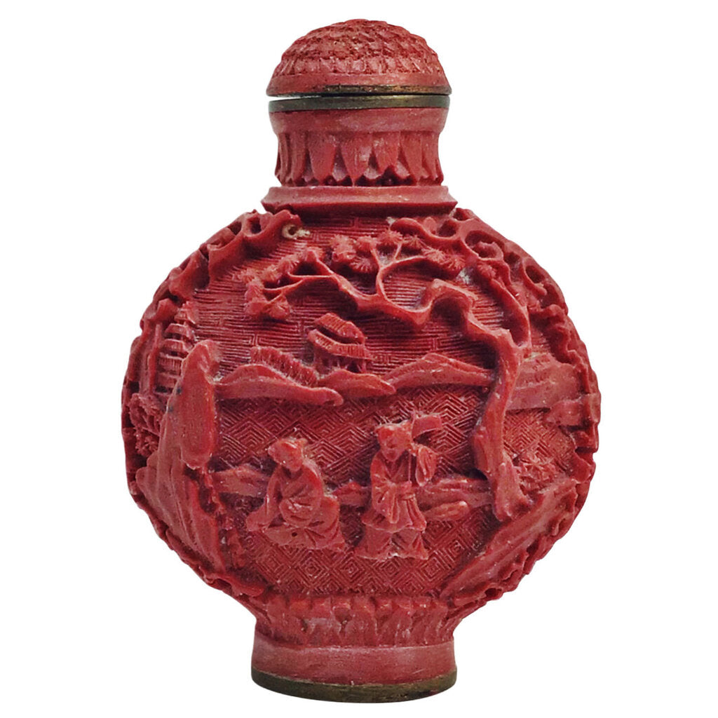 Antique Chinese Cinnabar Carved Snuff Bottle w/ Scholars in a Garden Scene