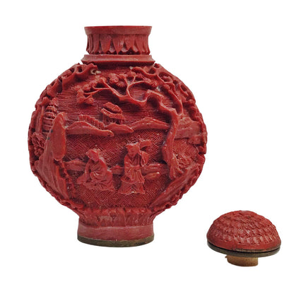 Antique Chinese Cinnabar Carved Snuff Bottle w/ Scholars in a Garden Scene