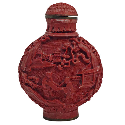 Antique Chinese Cinnabar Carved Snuff Bottle w/ Scholars in a Garden Scene