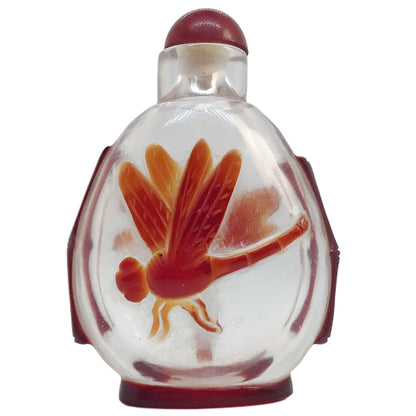 Peking Glass Snuff Bottle with Red Dragonfly Overlay