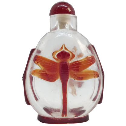 Peking Glass Snuff Bottle with Red Dragonfly Overlay