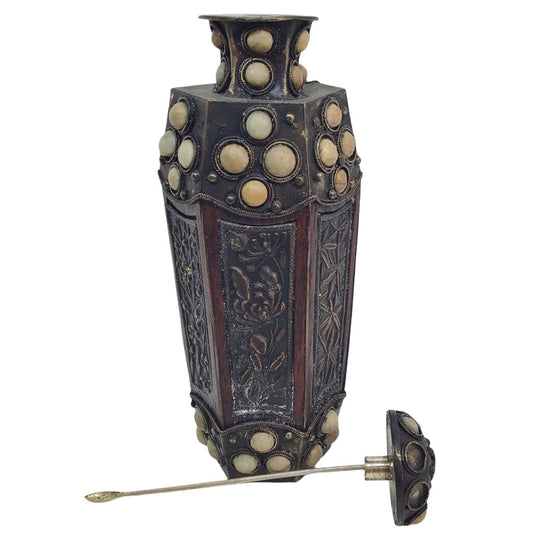 Large OctagonalMetal/Wood Snuff Bottle w/ Incised Flowers & Soft Stone Inlay