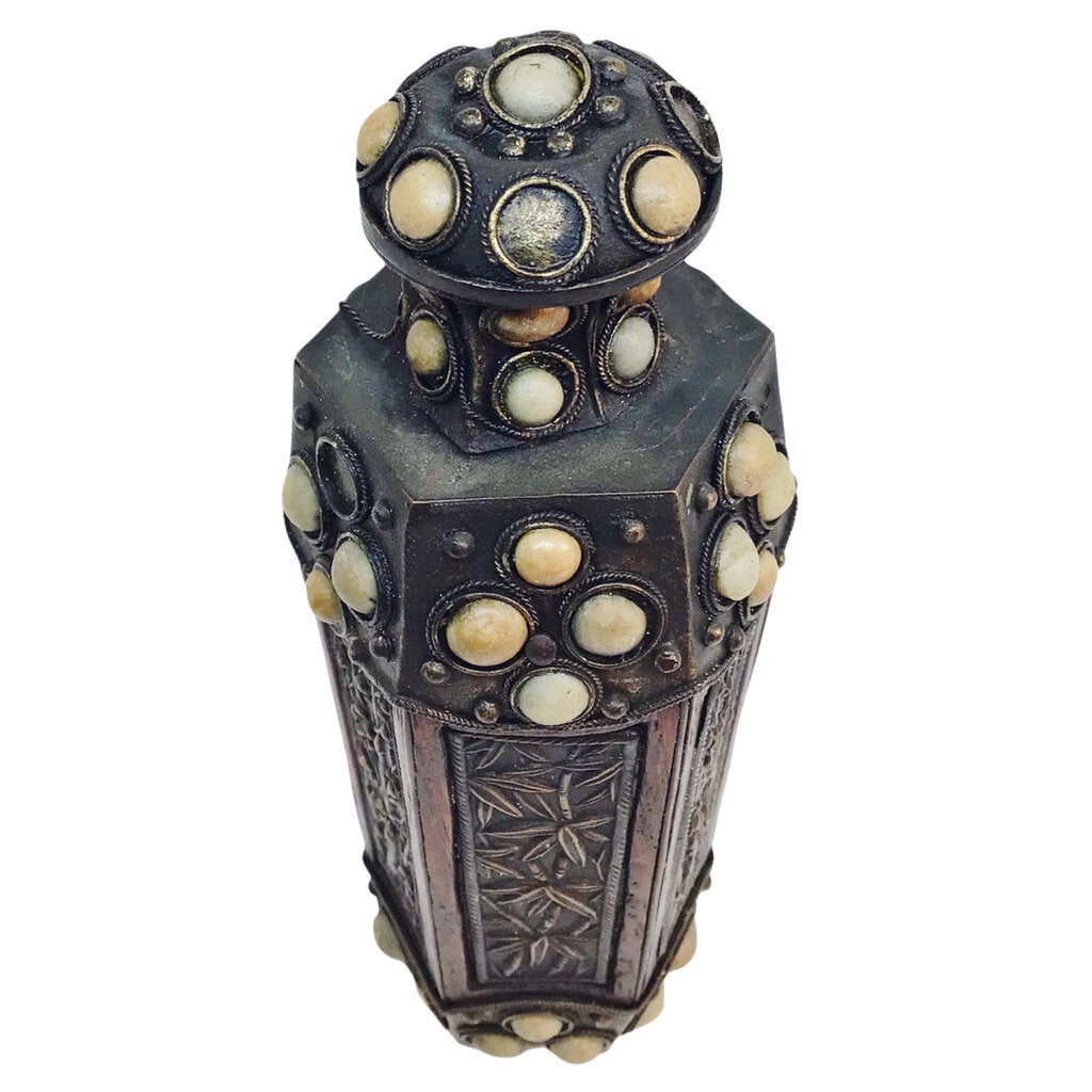 Large OctagonalMetal/Wood Snuff Bottle w/ Incised Flowers & Soft Stone Inlay