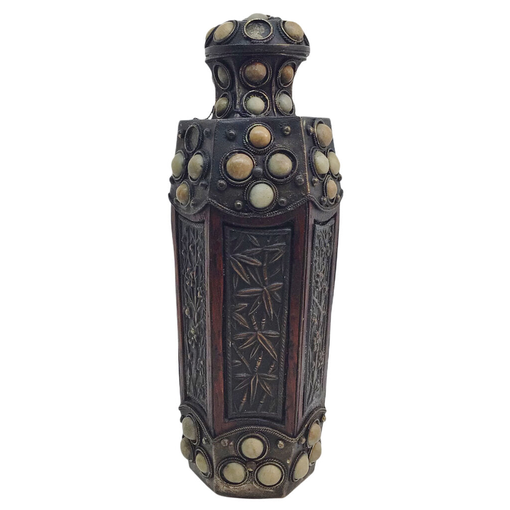 Large OctagonalMetal/Wood Snuff Bottle w/ Incised Flowers & Soft Stone Inlay