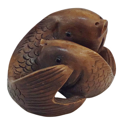 Japanese Hand-made Wood Netsuke of Twin Carps