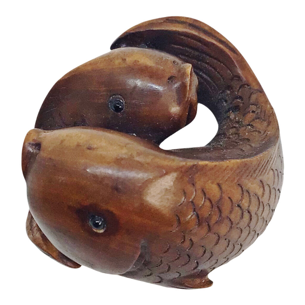 Japanese Hand-made Wood Netsuke of Twin Carps