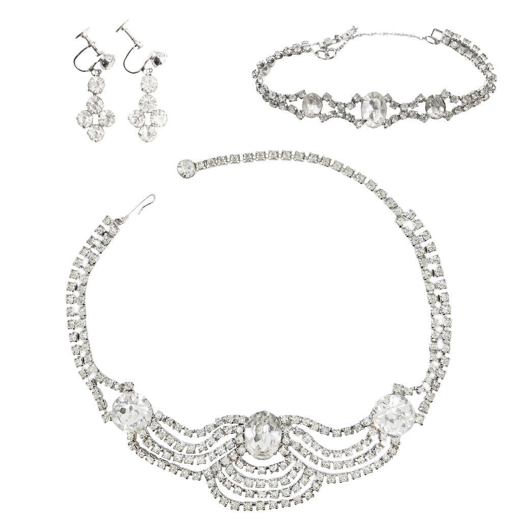 Suite of Vintage Rhinestone Jewelry: Swag Necklace; Bracelet; Non-matching Screwback Dangle Earrings