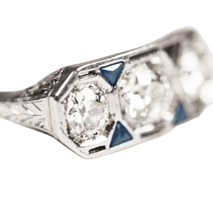 Art Deco Three Stone Old Cut Diamond Ring in Platinum w. Triangular Sapphires