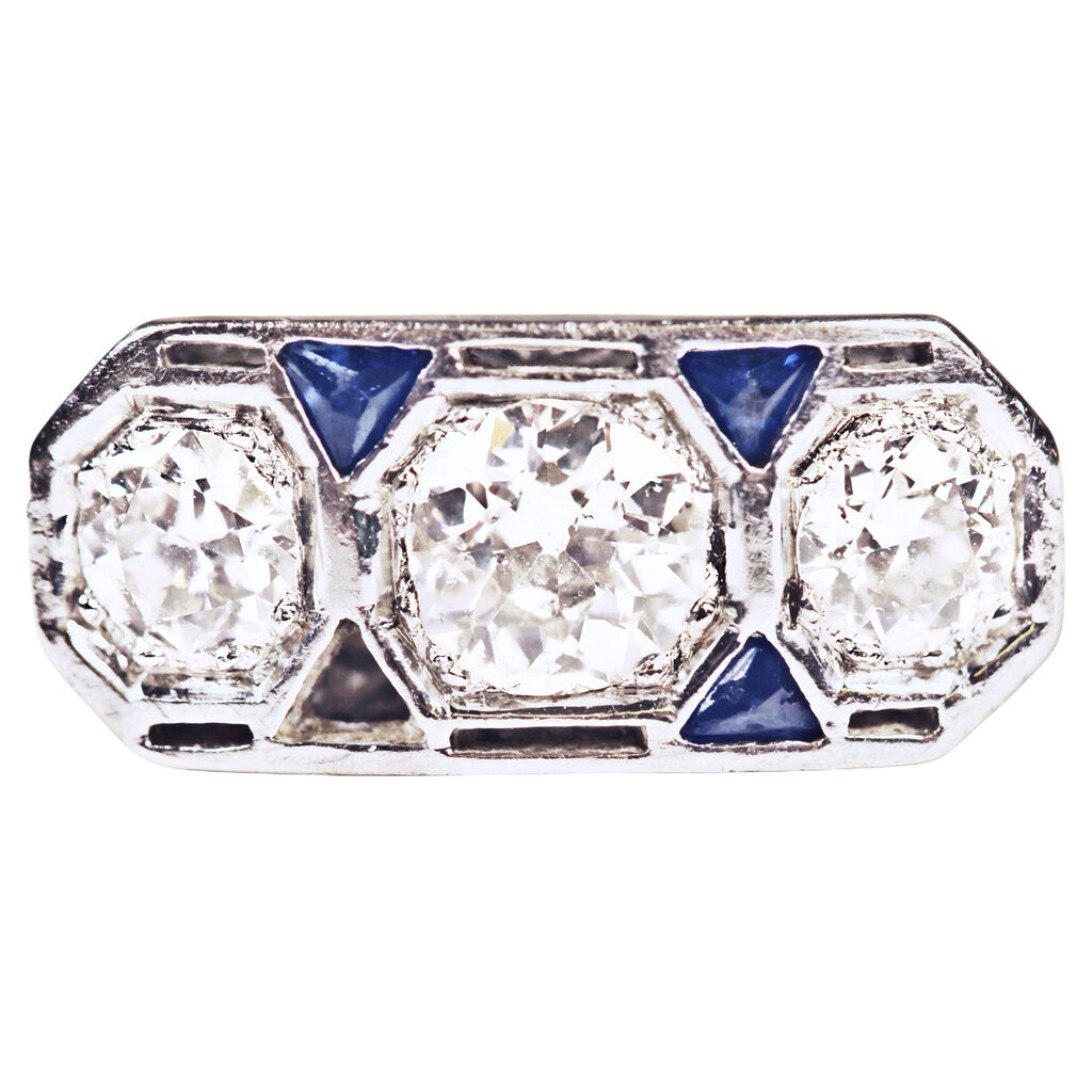 Art Deco Three Stone Old Cut Diamond Ring in Platinum w. Triangular Sapphires