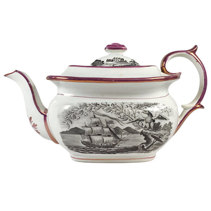 Sunderland American Market Lustreware Teapot Commemorating Robert Fulton's Steamship, ca. 1820