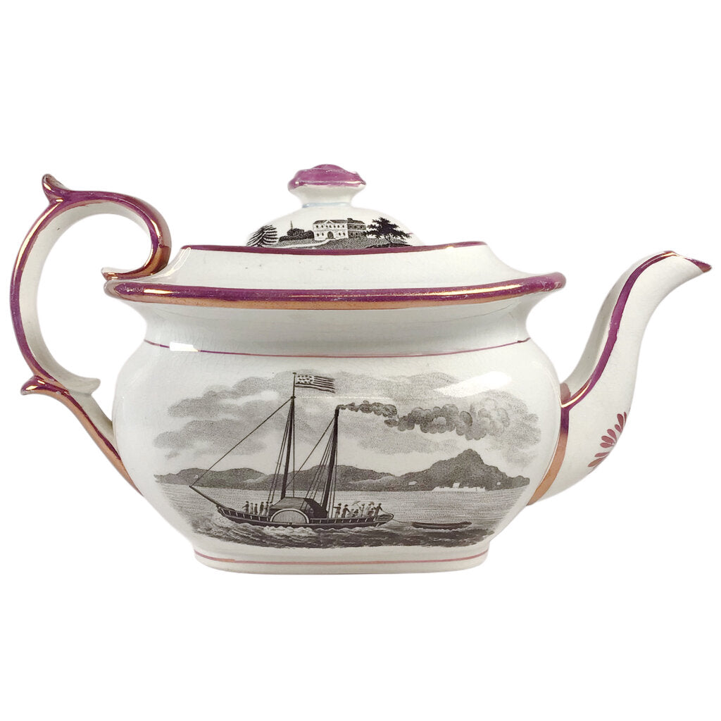 Sunderland American Market Lustreware Teapot Commemorating Robert Fulton's Steamship, ca. 1820