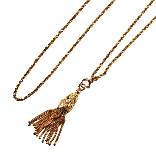 14Kt Gold Rope Twist Chain Necklace w. 14Kt Yellow Green & Rose Gold Tassel Pendant