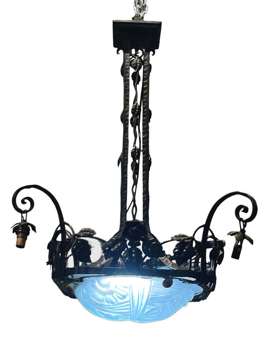 Degue Art Deco Wrought Iron & Frosted Glass Chandelier, ca. 1920s-30s