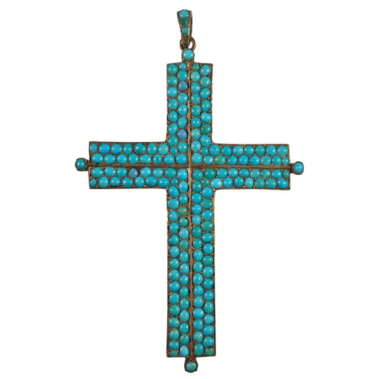 Antique Turquoise & Gold Cruciform Pendant w Fitted Box