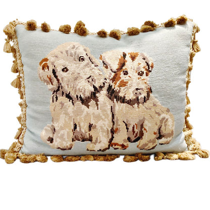 1940s Light Blue Cross-stitch Pillow w. Two White Terriers